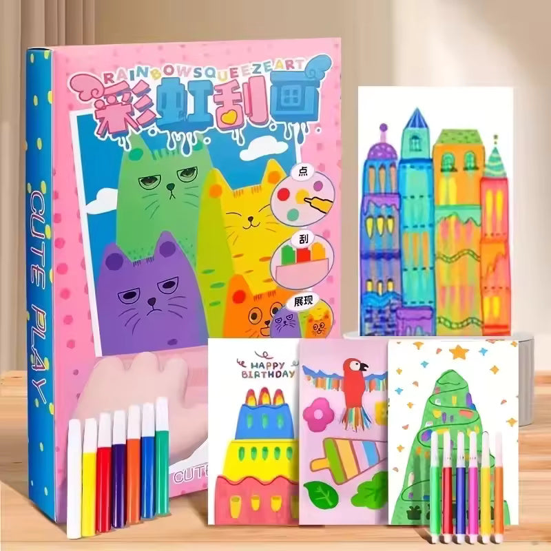 Rainbow Squeeze Art Kit for Kids - Swirl Paint & Watercolor Pen Set with Stickers, Mess-Free Craft Kit for Ages 4+