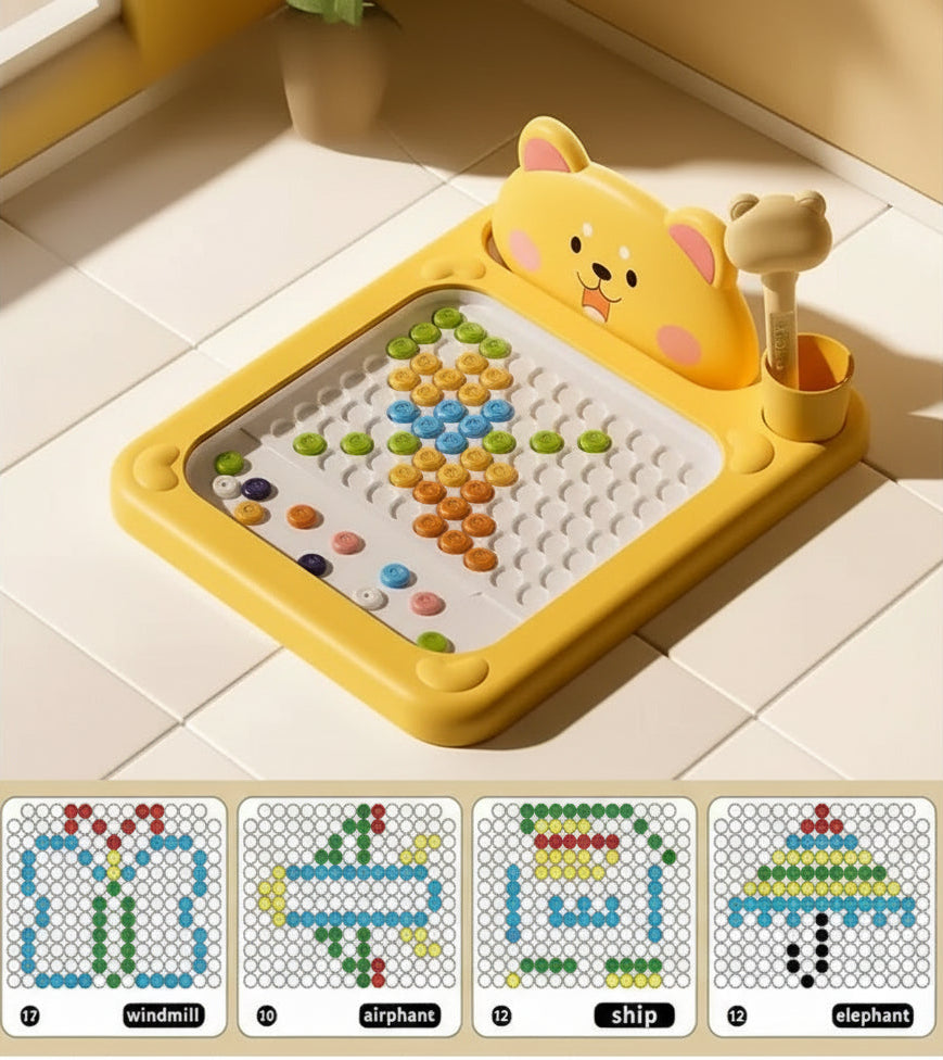 Magnetic Bead Board for Kids - Cartoon Bear Design Dot Board with Magnetic Stylus