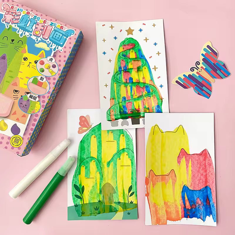 Rainbow Squeeze Art Kit for Kids - Swirl Paint & Watercolor Pen Set with Stickers, Mess-Free Craft Kit for Ages 4+